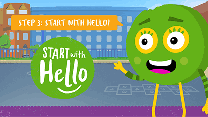 Intro Presentation slide with Dot and the Stand With Hello logo
