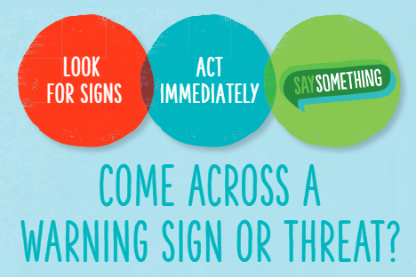 The three Say Something steps, look for signs, act immediately, and say something. 