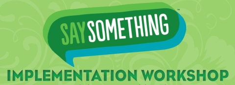 Say something logo in dark green chat bubble with a light green background. 