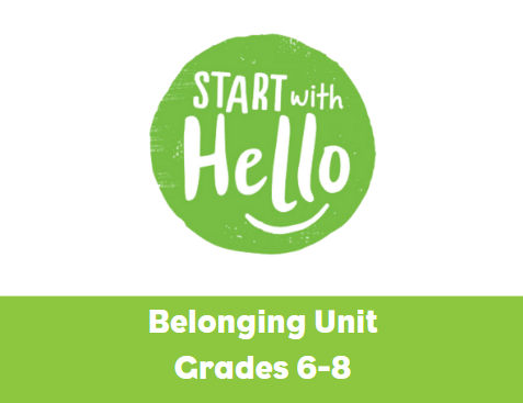 Start With Hello logo in green circle with a white background. Belonging Unit banner in green at the bottom of the image. 