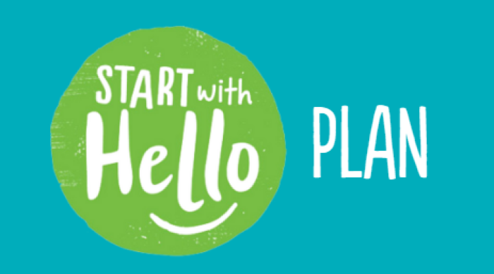 Start With Hello logo in green circle with a blue background. 