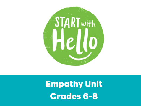 Start With Hello logo in green circle with a white background. Empathy Unit banner in blue in the bottom of the image. 