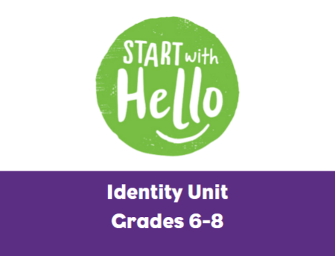 Start With Hello logo in green circle with a white background. Identity Unit banner in purple in the bottom of the image. 