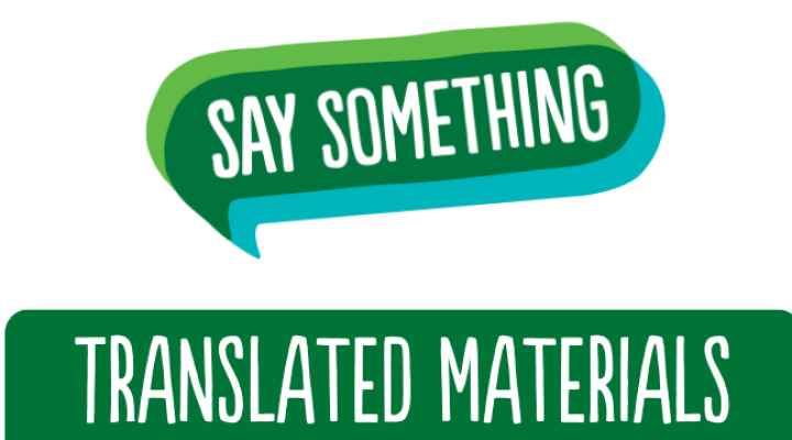 Say Something Logo on White Background with a horizontal Green Rectangle on the bottom quarter with Translated Materials written in white