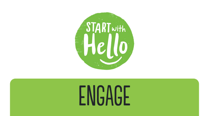 Start With Hello Logo with Lime Green Horizontal Bar on the Quarter Bottom with Capitalized Black Lettering of the word ENGAGE